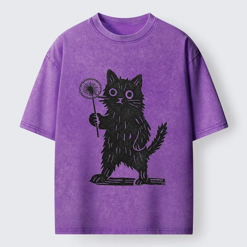 Tokyo-Tiger Cat And Dandelion Woodblock Washed T-Shirt