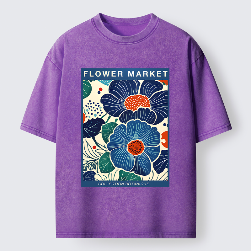Tokyo-Tiger Blue Flowers Botanical Art Washed T-Shirt