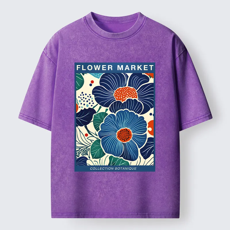 Tokyo-Tiger Blue Flowers Botanical Art Washed T-Shirt
