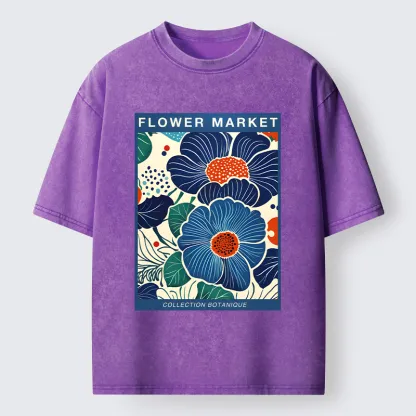 Tokyo-Tiger Blue Flowers Botanical Art Washed T-Shirt