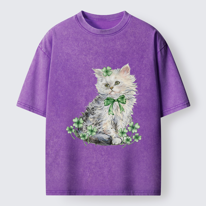 Tokyo-Tiger St Patricks Day Cat Clover Washed T-Shirt