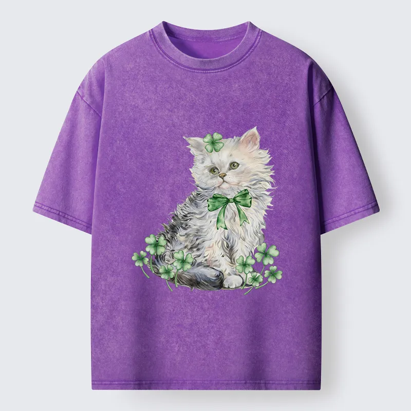 Tokyo-Tiger St Patricks Day Cat Clover Washed T-Shirt