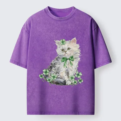 Tokyo-Tiger St Patricks Day Cat Clover Washed T-Shirt