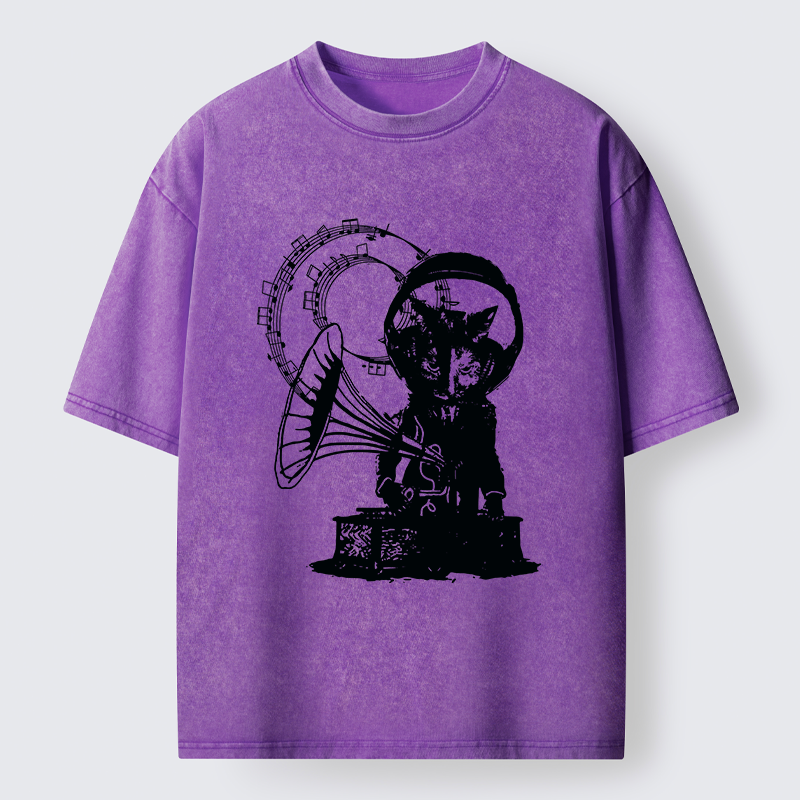 Tokyo-Tiger Vintage Cat Phonograph Music Washed T-Shirt