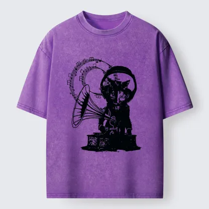 Tokyo-Tiger Vintage Cat Phonograph Music Washed T-Shirt