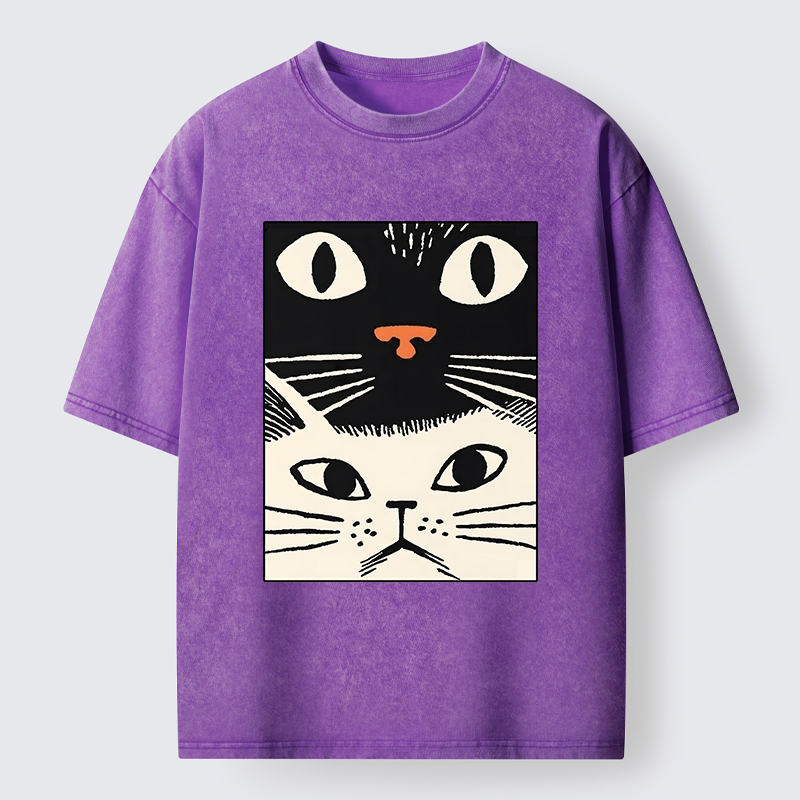Tokyo-Tiger Black Cat And White Cat Washed T-Shirt