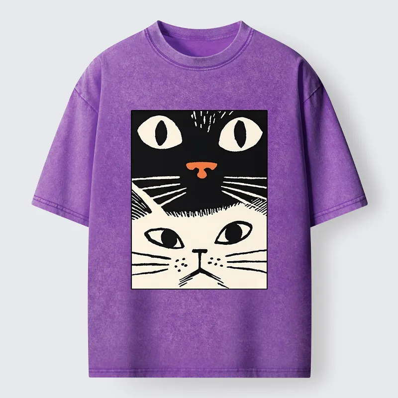 Tokyo-Tiger Black Cat And White Cat Washed T-Shirt