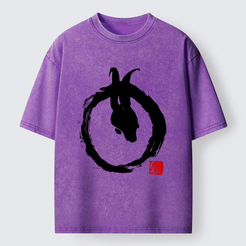 Tokyo-Tiger Ink Painting Zen Enso Rabbit Washed T-Shirt