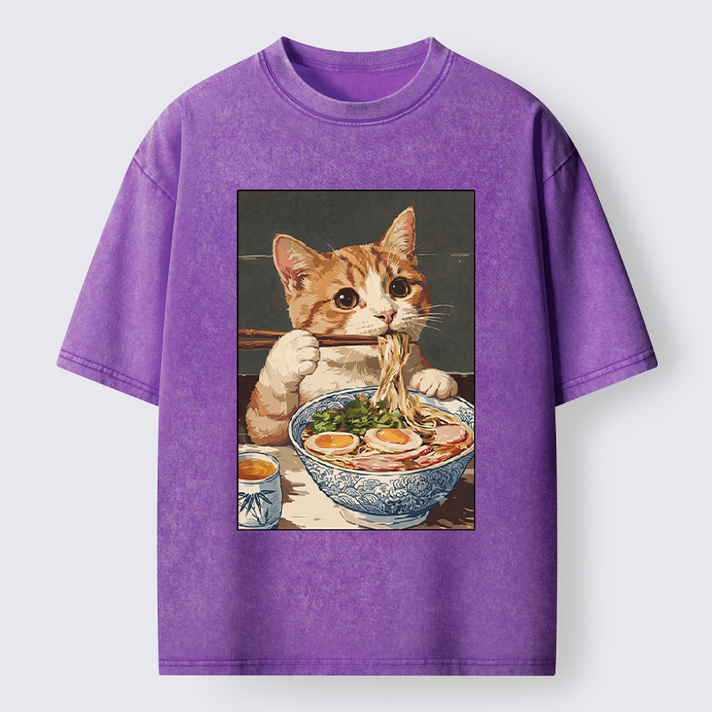 Tokyo-Tiger Cute Cat Eating Ramen Japanese Poster Washed T-Shirt