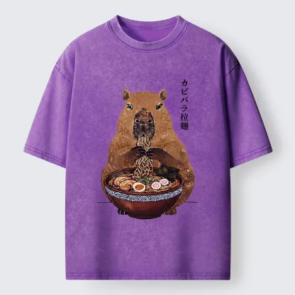 Tokyo-Tiger Japanese Retro Capybara Eating Ramen Washed T-Shirt