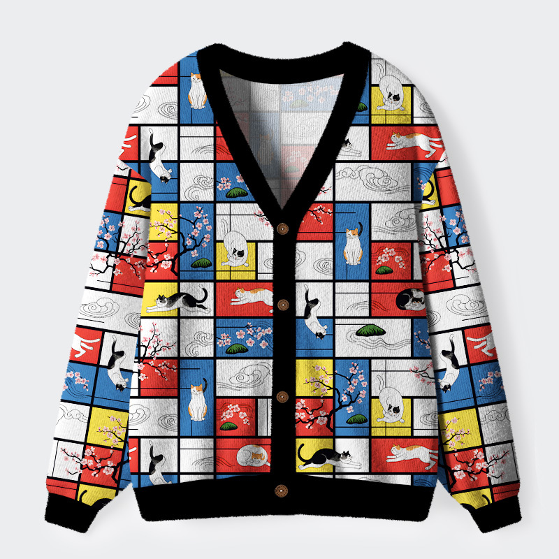 Tokyo-Tiger Japanese Abstract Art Cat Ugly Cardigan Sweater