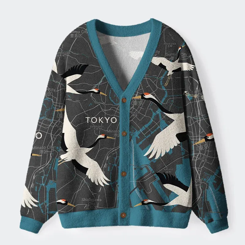 Tokyo-Tiger Cranes And The Subway Line Ugly Cardigan Sweater