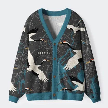Tokyo-Tiger Cranes And The Subway Line Ugly Cardigan Sweater