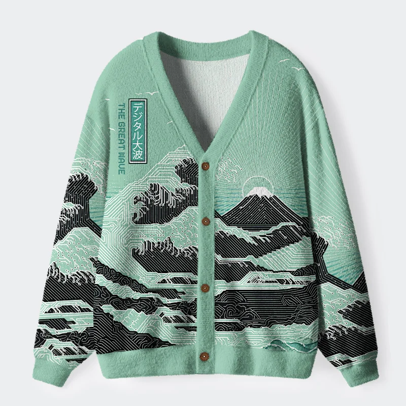 Tokyo-Tiger Circuit Board Waves Ugly Cardigan Sweater