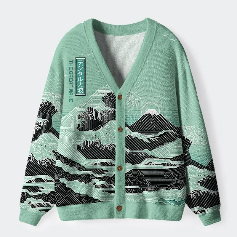 Tokyo-Tiger Circuit Board Waves Ugly Cardigan Sweater