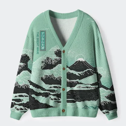 Tokyo-Tiger Circuit Board Waves Ugly Cardigan Sweater