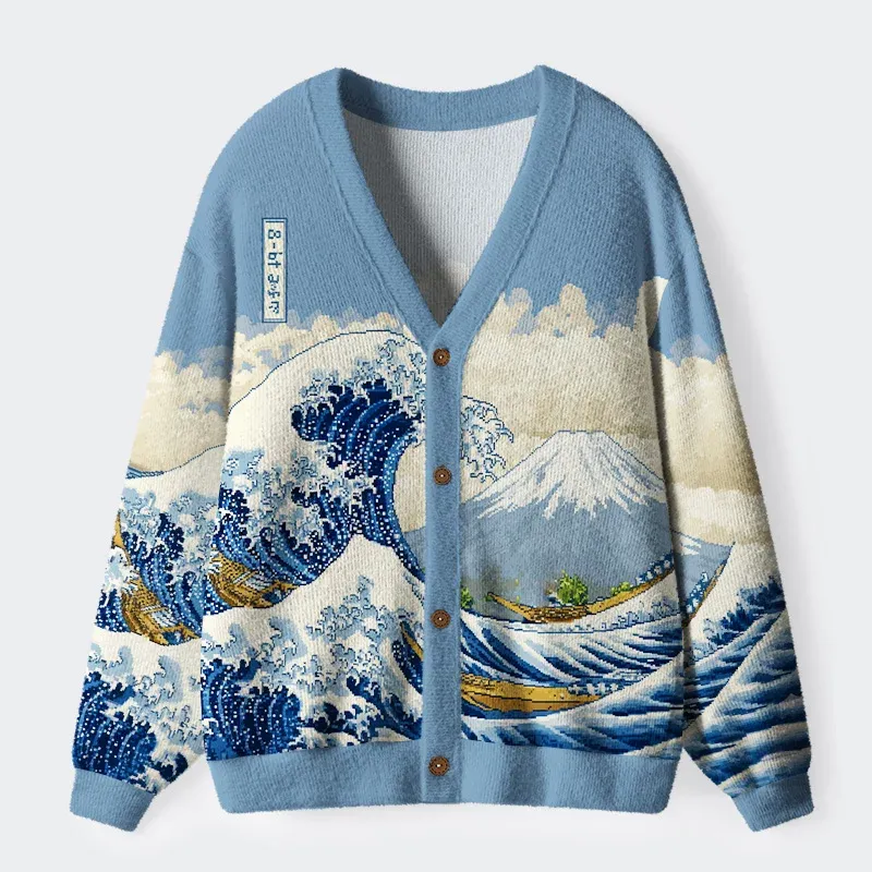 Tokyo-Tiger Cartoon Ukiyo-e Waves Ugly Cardigan Sweater