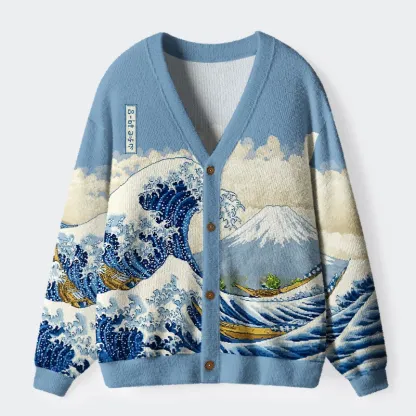 Tokyo-Tiger Cartoon Ukiyo-e Waves Ugly Cardigan Sweater