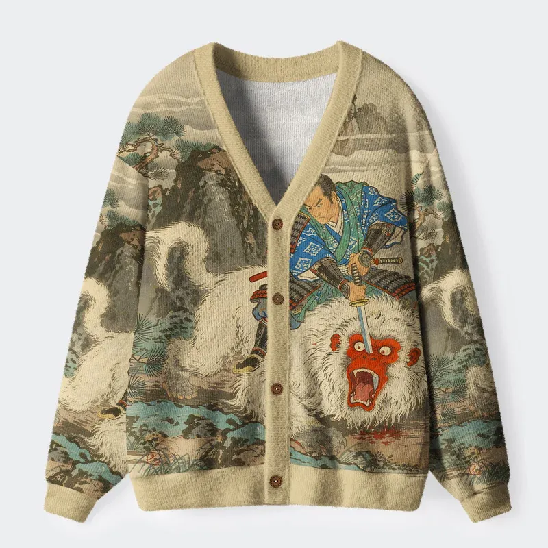 Tokyo-Tiger Samurai Kills Monkey Ugly Cardigan Sweater