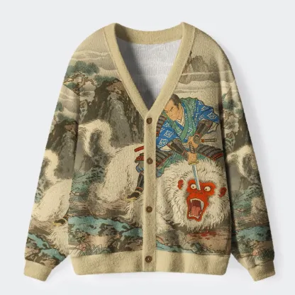 Tokyo-Tiger Samurai Kills Monkey Ugly Cardigan Sweater