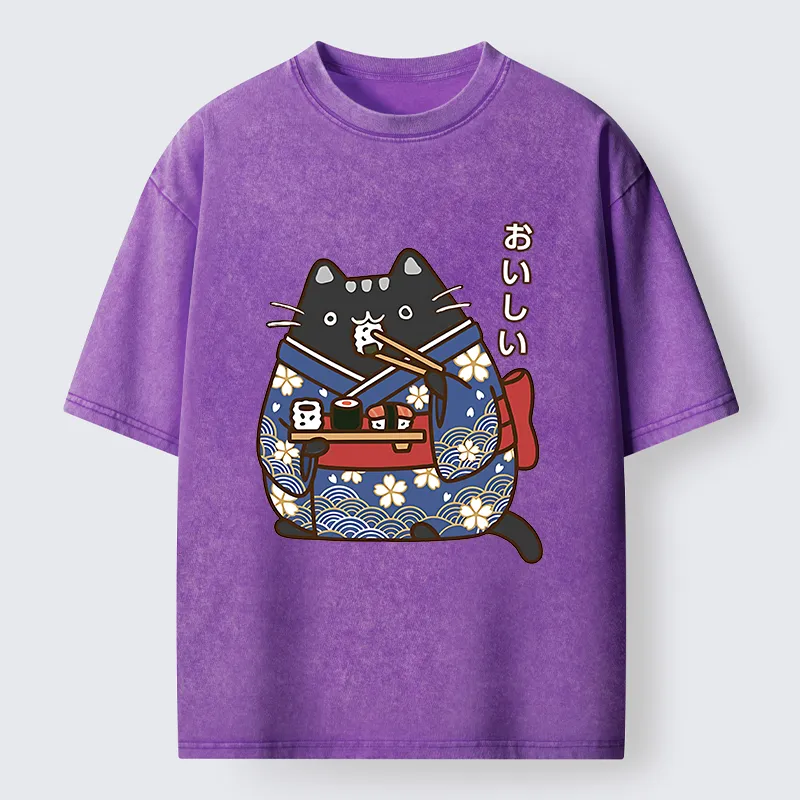 Tokyo-Tiger Geisha Cat Sushi Washed T-Shirt