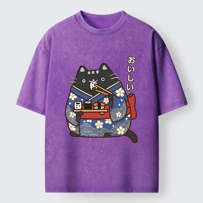 Tokyo-Tiger Geisha Cat Sushi Washed T-Shirt