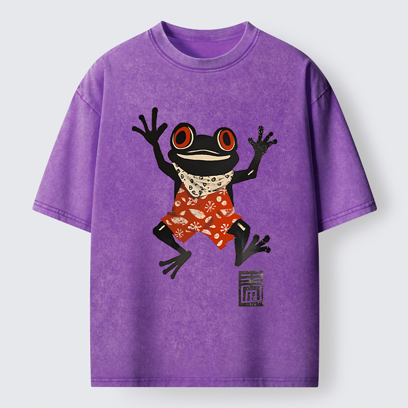 Tokyo-Tiger Japanese Happy Frog Ukiyoe Washed T-Shirt