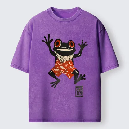 Tokyo-Tiger Japanese Happy Frog Ukiyoe Washed T-Shirt