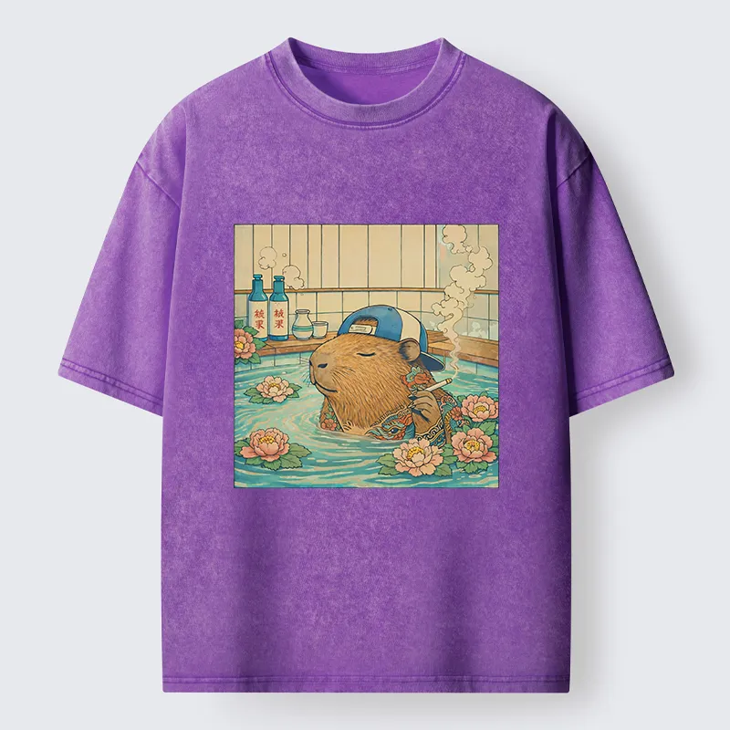 Tokyo-Tiger Capybara Enjoy Onsen Washed T-Shirt