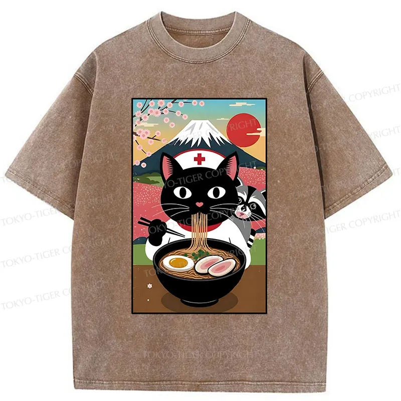 Tokyo-Tiger Nurse Cat Eating Ramen Washed T-Shirt