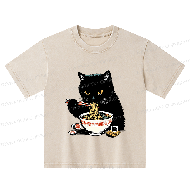 Tokyo-Tiger Cat Eating Favorite Ramen Kids Washed T-Shirt