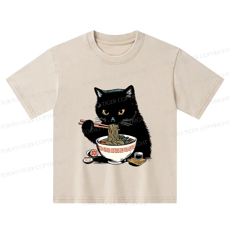 Tokyo-Tiger Cat Eating Favorite Ramen Kids Washed T-Shirt