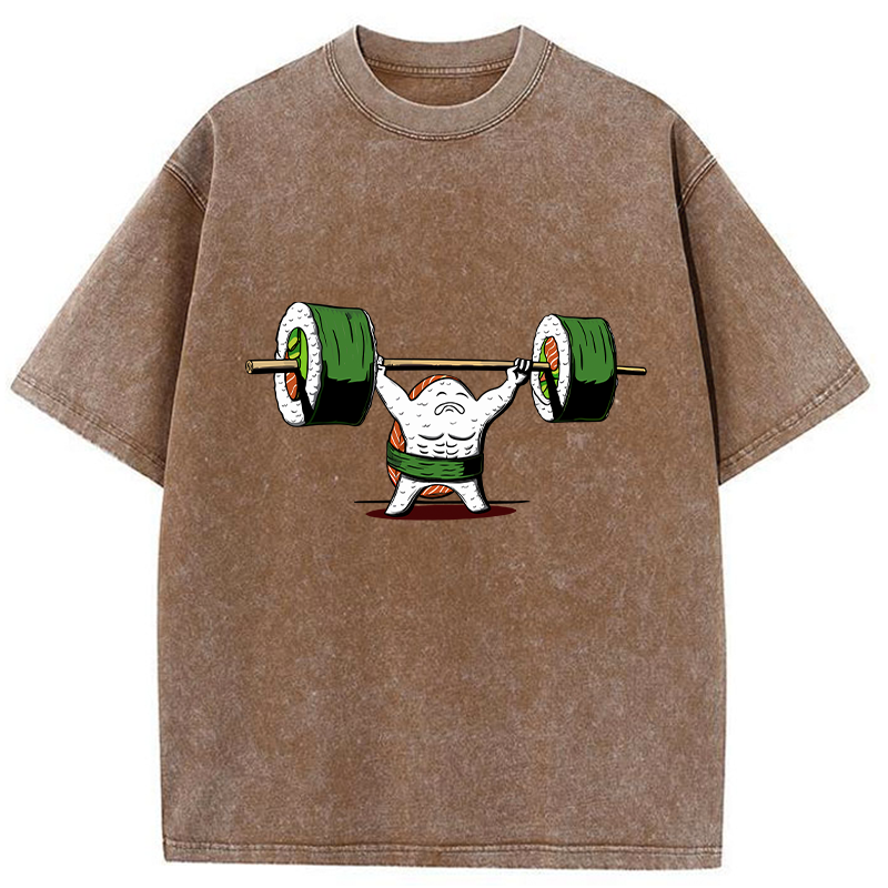 Tokyo-Tiger Funny Sushi Weightlifting Washed T-Shirt