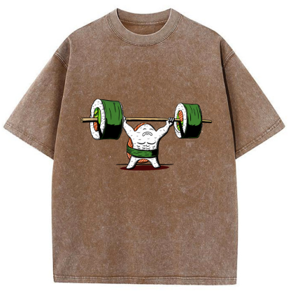 Tokyo-Tiger Funny Sushi Weightlifting Washed T-Shirt