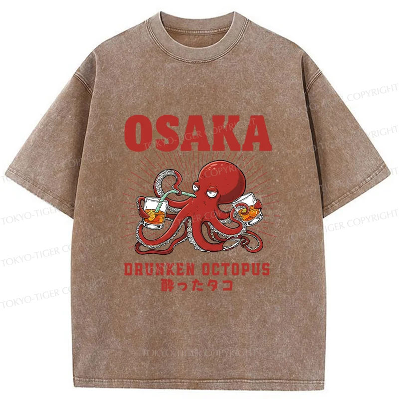 Tokyo-Tiger Octopus Drinking Beer Washed T-Shirt