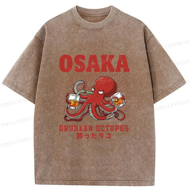 Tokyo-Tiger Octopus Drinking Beer Washed T-Shirt