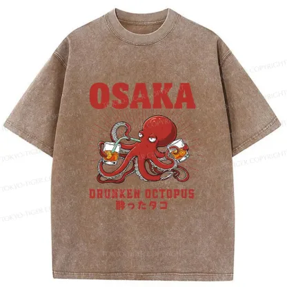 Tokyo-Tiger Octopus Drinking Beer Washed T-Shirt