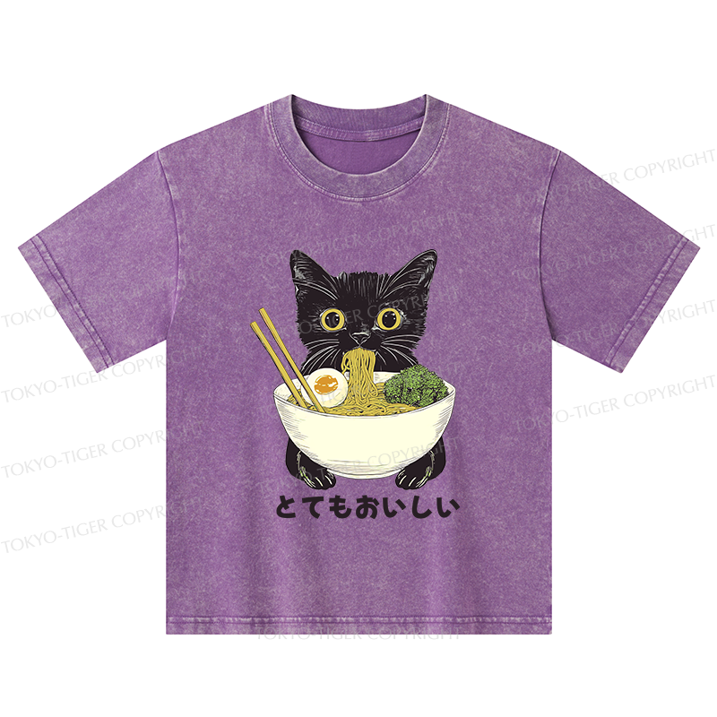 Tokyo-Tiger Ramen Lover Cute Cat Kids Washed T-Shirt