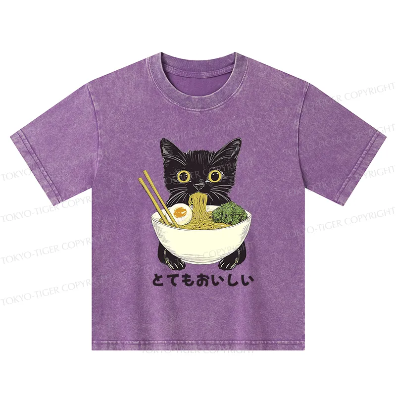 Tokyo-Tiger Ramen Lover Cute Cat Kids Washed T-Shirt