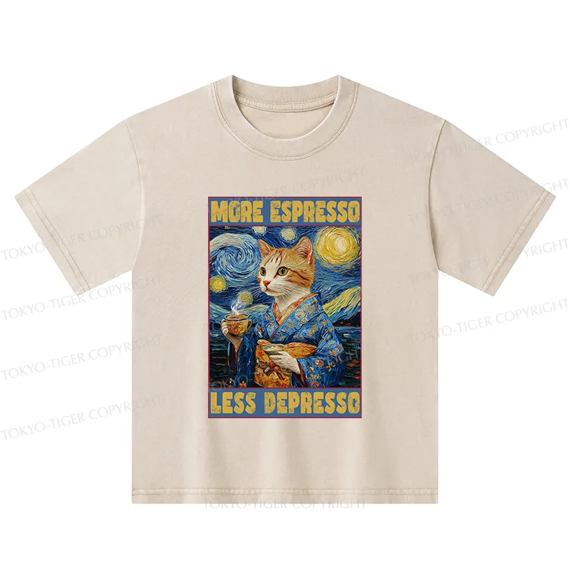 Tokyo-Tiger Funny More Espresso Less Depresso Kids Washed T-Shirt