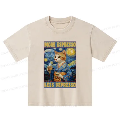 Tokyo-Tiger Funny More Espresso Less Depresso Kids Washed T-Shirt