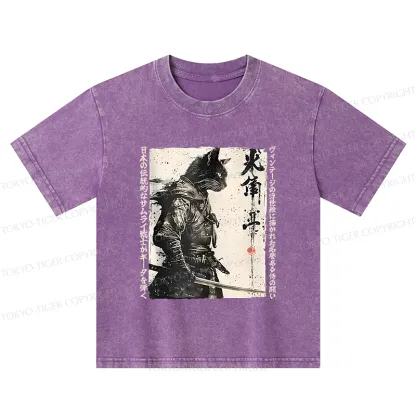 Tokyo-Tiger Cat Samurai Retro Kids Washed T-Shirt