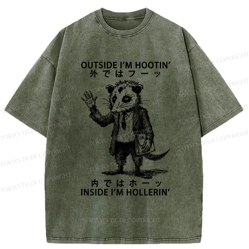Tokyo-Tiger Funny Hootin' And Hollerin' Possum Washed T-Shirt