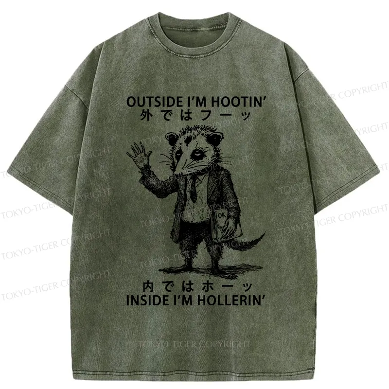 Tokyo-Tiger Funny Hootin' And Hollerin' Possum Washed T-Shirt