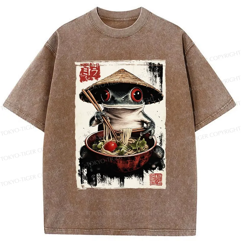 Tokyo-Tiger Retro Frog Eating Ramen Noodles Washed T-Shirt