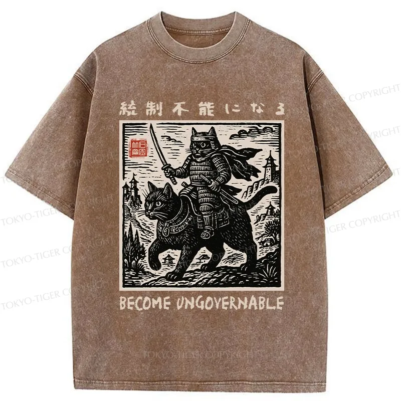 Tokyo-Tiger Funny Cat Samurai Riding A Cat Washed T-Shirt