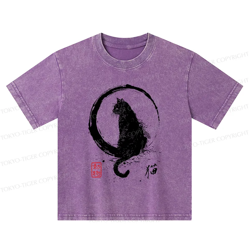 Tokyo-Tiger Retro Japanese Black Cat Kids Washed T-Shirt