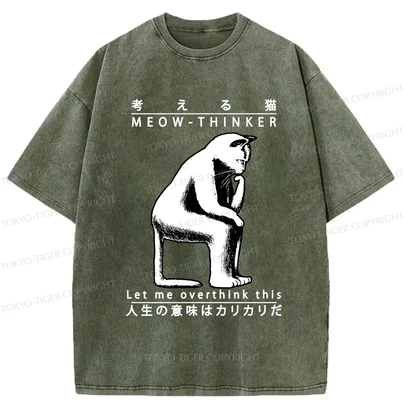 Tokyo-Tiger Funny Cat Thinker Washed T-Shirt