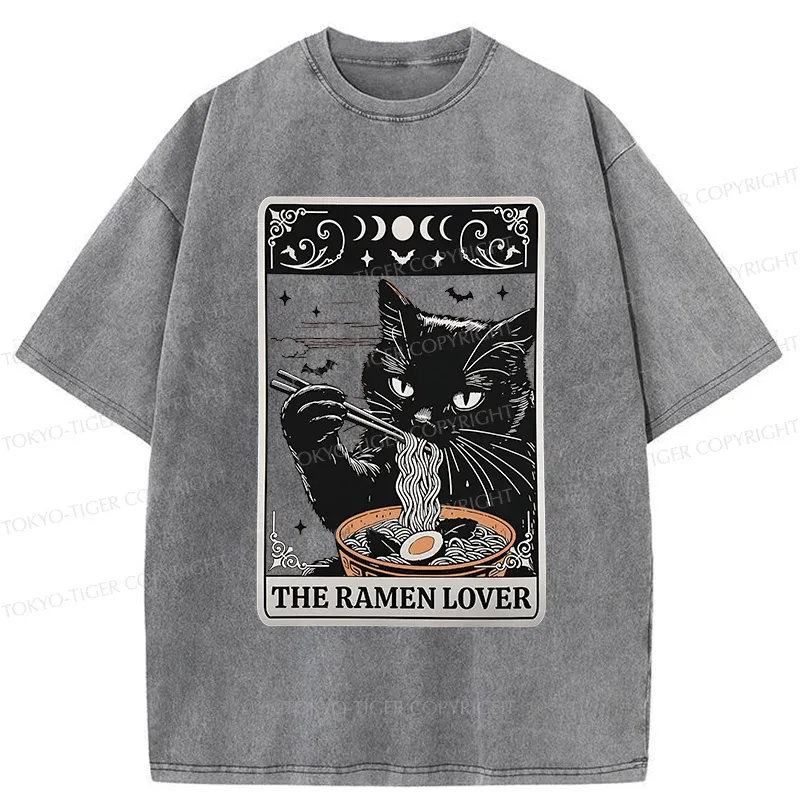 Tokyo-Tiger Cat Loves Ramen Washed T-Shirt