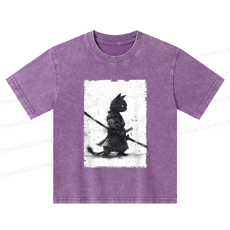 Tokyo-Tiger Retro Cat Samurai Japanese Kids Washed T-Shirt